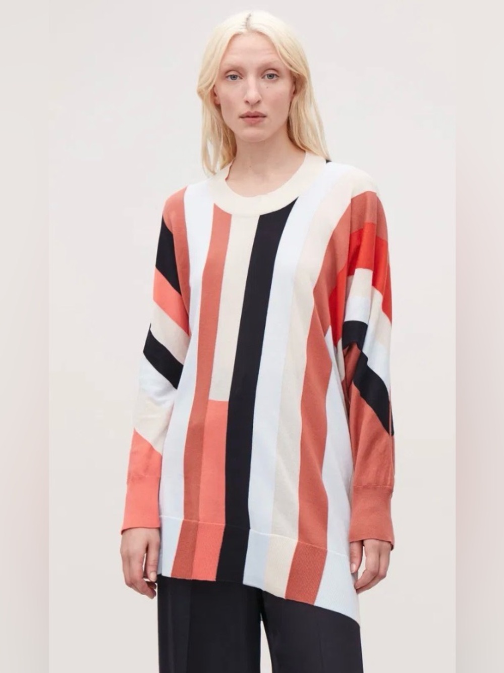 COS Long-Sleeve Vertical Stripe cotton Knit Top, LARGE, White, Coral, Black, Tan